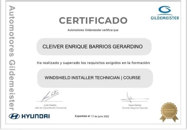 Certificado Windshield Installer Technician de Automotores Gildemeister a nombre de Cleiver Barrios